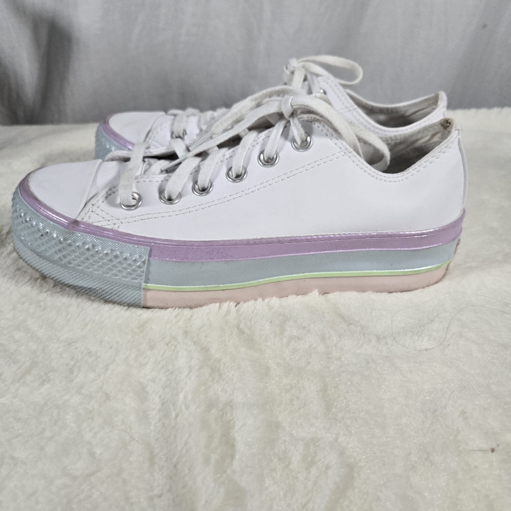 Convere All Star White Leather Platform  Low Top Shoes Size 7 - Picture 4 of 8